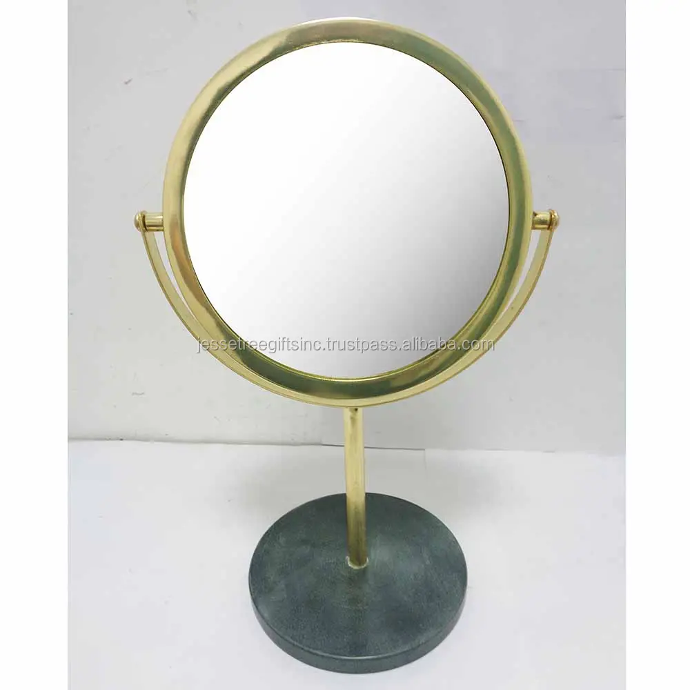 Espelho de mesa de metal com acabamento em pó de ouro base de mármore cinza formato redondo para maquiagem e decoração de casa preço de atacado