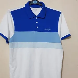 Original Branded Labels Men's Shorts Sleeve Cotton Button Placket Blue and White Striped Polo Shirts Bangladeshi Stock Lot Cloth