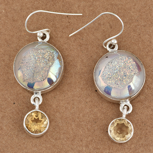 Genuine Round <b>Citrine</b> Druzy Gemstone 925 Sterling Silver Ear Wire Dangle <b>Earrings</b> Handmade Fine Jewelry Manufacturer Wholesaler - Product Image 3