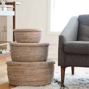 Ensemble de 3 paniers en résine de mer, avec couvercle plat, panier africain de couleur naturelle