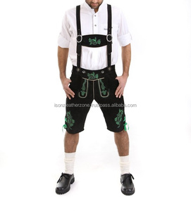 ISONZ Oktoberfest Lederhosen Trachten Bacarian Short en Cuir Souple Noir avec Broderie Verte - Product Image 2