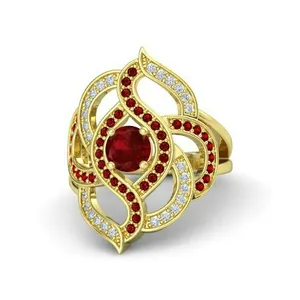 Ruby Merah dan Cincin Berlian 14K Kuning Emas