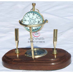 Brass Vintage Nautical Desktop Table <b>Clock</b> with Pen Holder Gold-Plated Quartz <b>Movement</b> Handmade Home Decor - Product Image 2