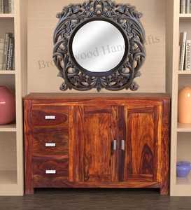 Décoration murale ronde sculptée à la main pour la maison Cadre de miroir artistique en bois de manguier au look vintage pour l'habillage et la décoration murale - Product Image 2