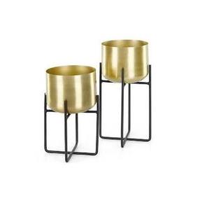 Pots de fleurs dorés sur support en fer noir - Product Image 1