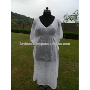 Caftan en coton indien blanc pour femmes, robe Maxi brodée de poulet, Abaya, printemps, - Product Image 1