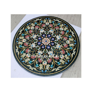 Mesa Decorativa Hecha a Mano en India, Proveedor y Mayorista, con Incrustaciones de Mármol Negro, Diseño Hermoso, Forma Redonda para Compradores - Product Image 1