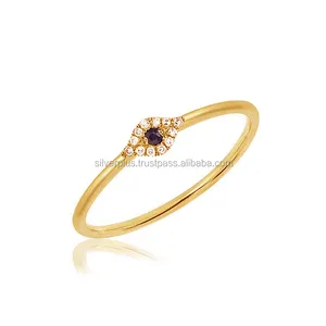 Solid 14K Yellow Gold Blue Sapphire Diamond Tiny Evil Eye Stackable Ring Wholesale Gold Jewelry Supplier