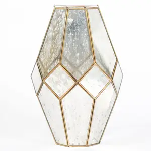 Diamond Shape Mercury Glass <b>Lantern</b> With <b>Gold</b> Frame For Home Decoration - Product Image 1