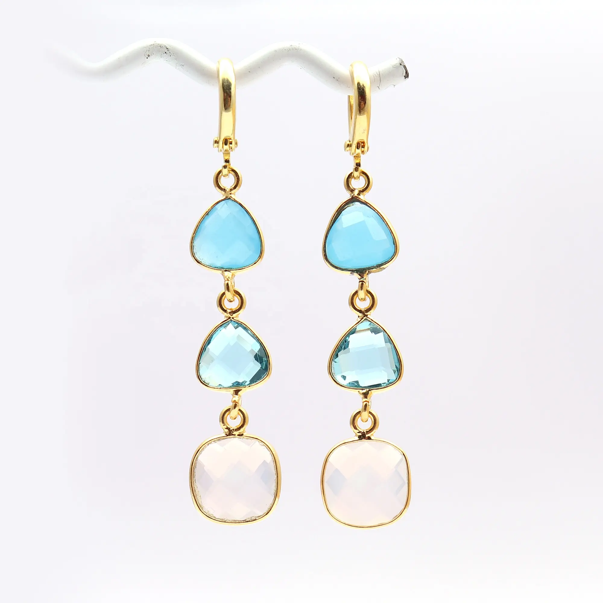 handmade pair Topaz Chalcedony Gemstone gold plated hoop bezel set earrings jewelry