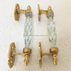 Beautiful Transparent Glass Crystal Cut <b>Door</b> <b>Handle</b> Brass Puller Antique Style 2 Pieces - Product Image 1