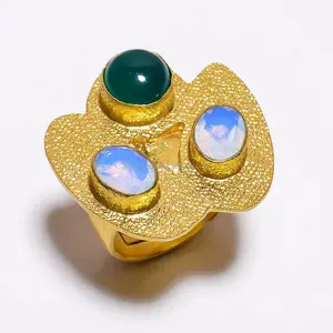 Anillo de diseño de ópalo y ónix verde, anillos chapados en oro flash de latón real, joyería al por mayor, fabricante de anillos