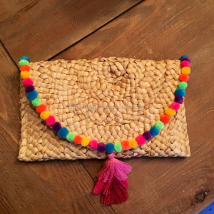 High QualityRainbow Pom Pom and Tassel Straw Envelope Clutch/Straw Clutch Purse - Product Image 1