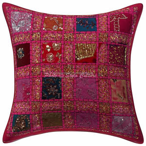 Vintage <b>Square</b> Kantha Patchwork Sofa <b>Pillow</b> Cover Sequin Work Sari Patchwork Hand Embroidered Cushion <b>Cases</b> - Product Image 5