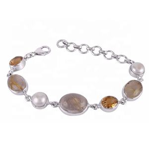 Haute qualité véritable or rutile Multi pierres précieuses Bracelet pur 925 argent Sterling plaqué rhodium émeraude coupe pierre précieuse pour les femmes - Product Image 1