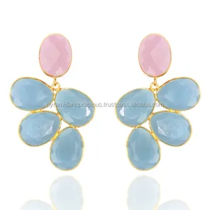 Mooie Vergulde Drop Edelsteen Oorbellen-Blauw Chalcedoon En Roze Chalcedoon Steen Oorbel