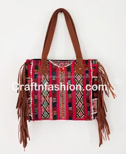 Banjara Shoulder Bag with Fringe- Bohemian Vintage Banjara Leather Tote- Indian Hippie Boho gypsy mirror work bag- Exclusive bag