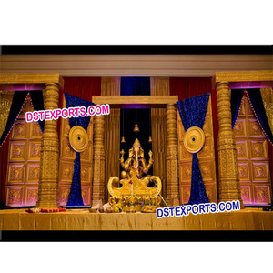Boda Devdas Pilar etapa de oro tallado tradicional paneles de puerta de etapa de fibra de Rajwada pilares boda escenario - Product Image 1