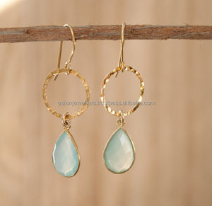 Pendientes de plata de ley 925 con gema de Calcedonia, pendientes de oro con bisel vermeil - Product Image 1