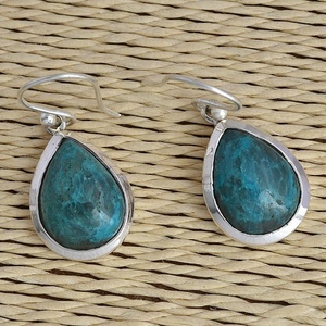Blue Chrysocolla Gemstone Pear Shape 925 <b>Sterling</b> <b>Silver</b> Hook Dangle Earring Fashionable Bezel Setting Wedding Party Gift - Product Image 3