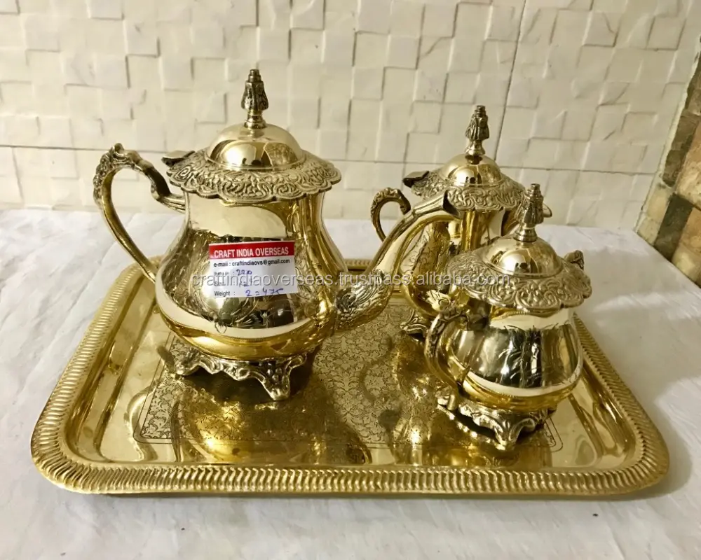 New design brass tea-pot set with brass etching tray