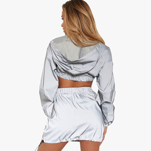 Reflective Two Piece Set Women Clothes <b>Long</b> Sleeve Crop Top Hoodie and Skirt Sexy Club <b>Matching</b> Sets Reflective Tracksuit - Product Image 4