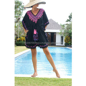 OEM Wholesale Custom <b>Women</b> Sexy One Piece Swimsuit Cover Up Short Dress Sexy Embroidered Empire Waist Pom Pom Trim Caftan <b>Poncho</b> - Product Image 1