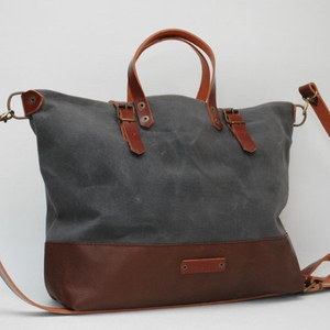 Bolsa de lona encerada, bolso de mano, con asas de cuero y cierres, color carbón, LHB 0032 - Product Image 1