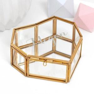 Geometric Glass Jewelry Box With Gold Frame Hexagonal Shape Storage Organizer For Accessories Display Case - Product Image 1