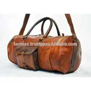 Echtes Leder Vintage Messenger Bag Brown Duffel Gym Runde Reisegepäck tasche