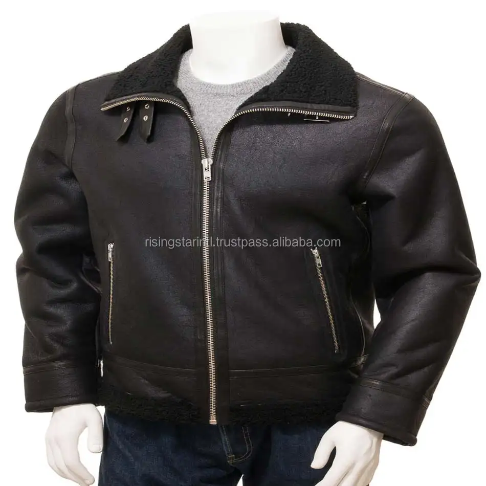 New Style Fashion Men Black Sheepskin Winter fur Jacket Original Leather Bomber Biker Jacket