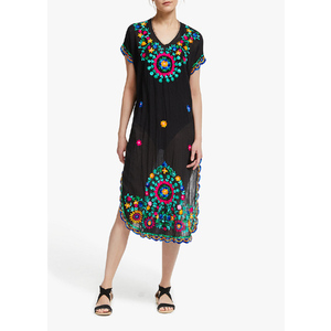 Boho Lady Hem <b>Tunic</b> Breathable Brightly Colored Embroidery Floral 100% Cotton A-Line Women Swimwear Kaftan Dress <b>Beach</b> Holiday - Product Image 1