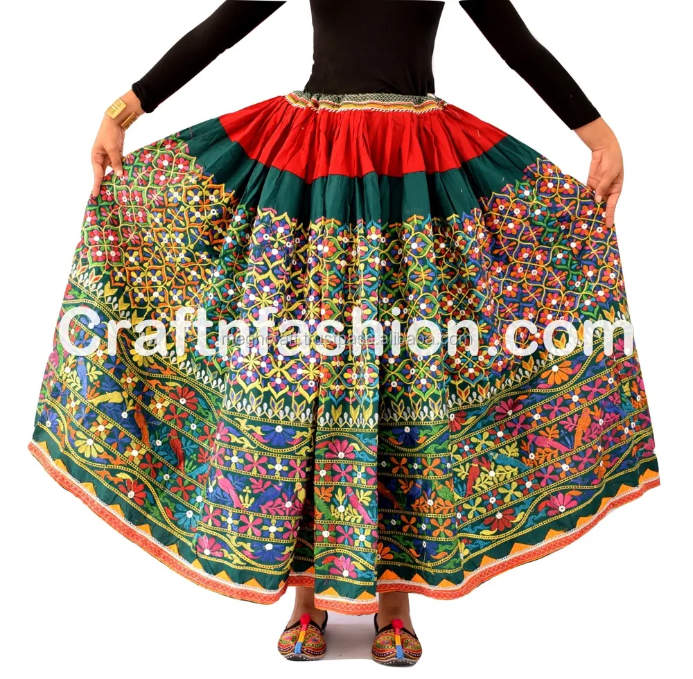 जनजातीय जातीय पेट नृत्य पुष्प स्कर्ट-भारतीय पुराने विंटेज गुजराती कच्छी स्कर्ट-विंटेज कशीदाकारी बहु boho बंजारा स्कर्ट