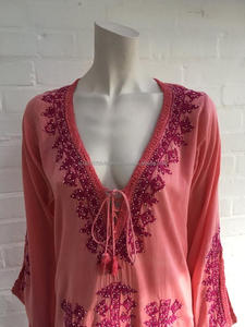 Ultra Pretty Relaxed Vacation Chic <b>Pink</b> Leaf Embroidery & Bead Embellishment Beach Swimwear Cover Up Dress Tunic For Women - Product Image 4