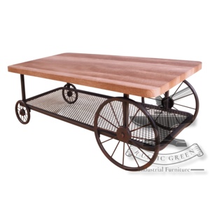 Mesa de centro industrial vintage de madera recuperada con ruedas - Product Image 6