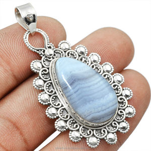 Pendentif pour femme en argent sterling 925 avec pierre précieuse naturelle Agate Bleue Dentelle, design ethnique filigrané, bijoux OEM ODM, vente en gros indienne - Product Image 4