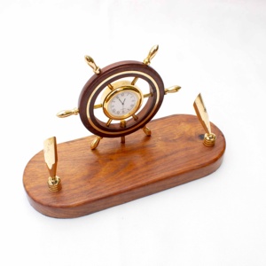 High Quality Nautical Marine Brass Wood Sailor <b>Ship</b> Wheel <b>Clock</b> Pen Stand Holder for Office Corporate Desktop Gift Decor - Product Image 1
