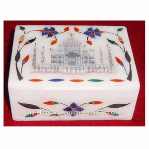 Boîte décorative en marbre poli avec incrustations de pierres, design populaire du Taj Mahal - Product Image 1