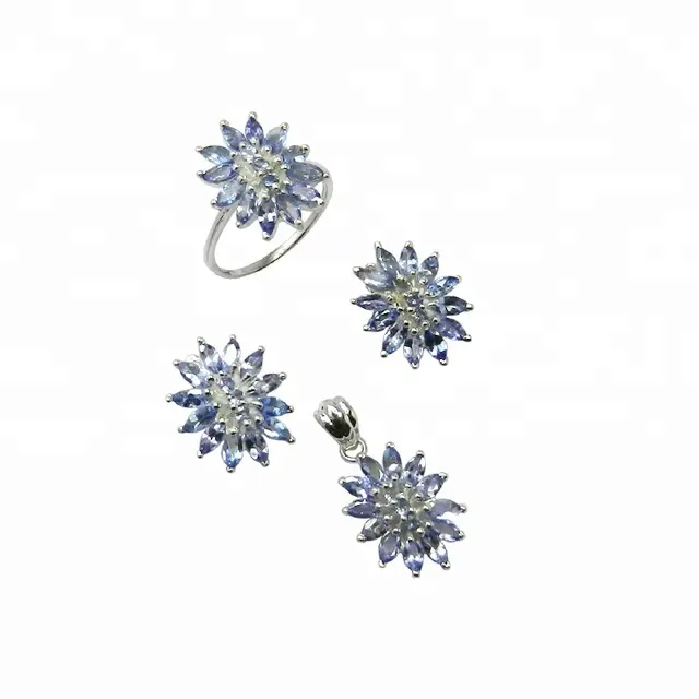 Luxury 2017 Women's 925 Sterling Silver Tanzanite Gemstone Earring Set Women Fashion Pendants Earrings Rings Wholesale Supplier