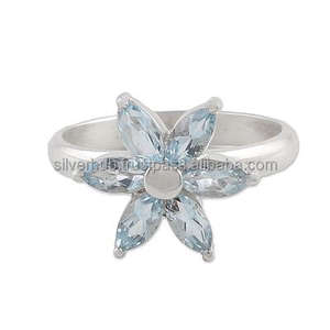 บุษราคัมสีฟ้าแหวนเงินออกแบบแฮนด์เมดธรรมชาติสีฟ้าพลอยบุษราคัมดอกไม้ออกแบบแหวนเงินแท้925เครื่องประดับแหวน - Product Image 1