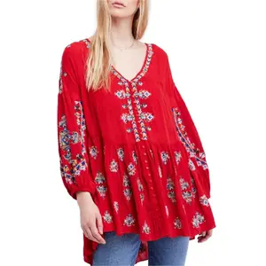 Indian handmade summer wear women clothing embroidered tunic v-neckline full sleeves loose fitting comfortable tunic