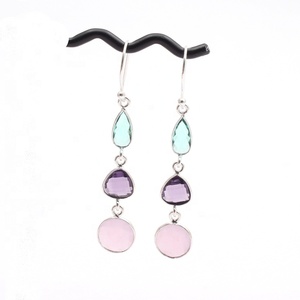 Mode minimaliste boucles d'oreilles goutte Apatite violet améthyste rose calcédoine pierres précieuses laiton argent plaqué crochet Style paires bijoux - Product Image 1