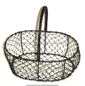 Metal Wire Storage Basket Acabamento Em Pó Preto Forma Oval Design Perfurado Com Alça Para Armazenamento Preço de atacado