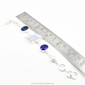 925 Bracelet en argent Sterling pour femmes, Bracelet unisexe en pierre d'agate bleue naturelle, chaîne à maillons en argent, fait à la main, bijoux - Product Image 4