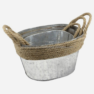 Cajas de almacenamiento de cuerda de metal de estaño galvanizado Maceta ovalada con asas de yute - Product Image 1