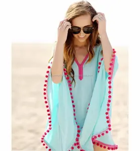 Designer Swimwear for Girl's Wear Rayon Kaftan Poncho Beach Cover Ups With Pom Pom Lace