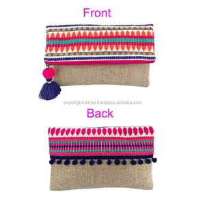 Sac de soirée en tissu de lin bohème personnalisé pour femmes belle broderie fermeture à glissière pochette sacs à main avec perles - Product Image 1