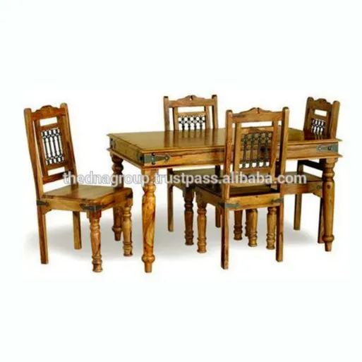 Table de salle à manger en bois traditionnel indien, avec quatre chaises, style indien