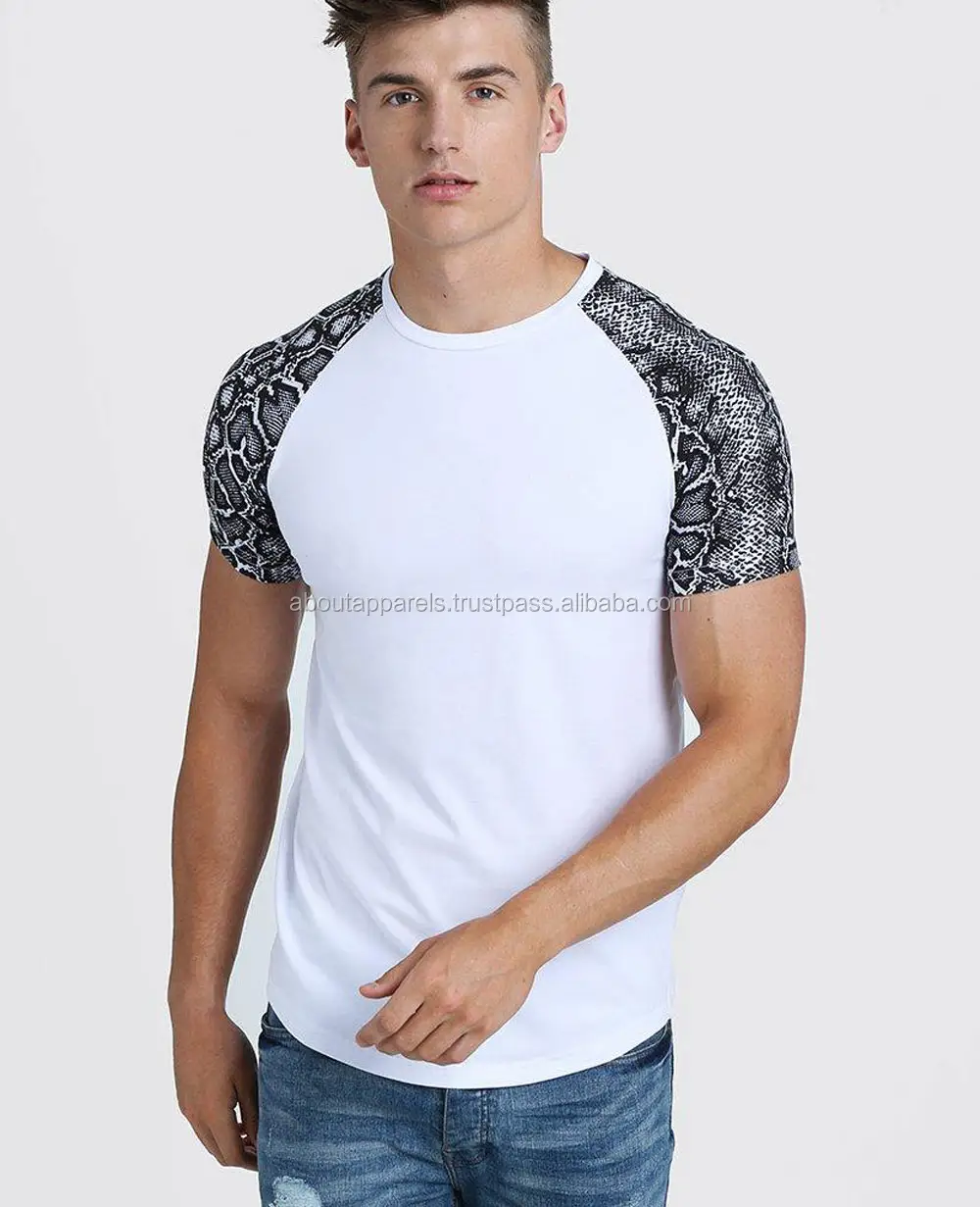 ホット販売快適なユニセックスカジュアルプリント/刺繍カスタム通気性Tシャツ、オリジナルメンズマッスルフィットスネークプリントラグランTシャツ