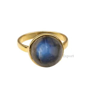 Best Selling Handmade 925 Sterling Silver Bezel Ring 18k Gold Plated Natural Gemstone Blue Fire Labradorite Cabochon Ring